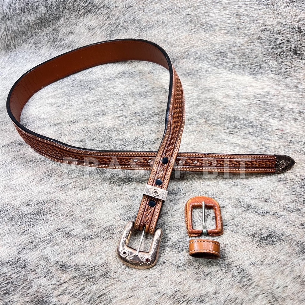 Vogt Tooled Western Belt w/ Inlayed Ruby Sterling Ranger Buckle Set